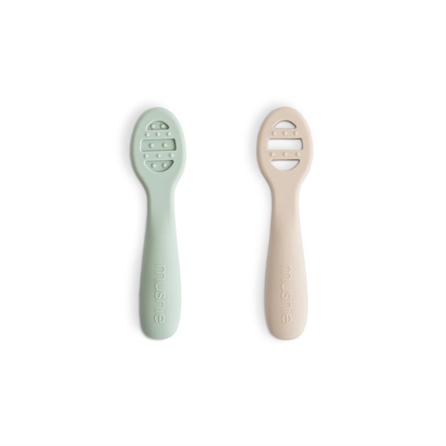 Mushie First Feeding Baby Spoons - Silicone 2-Pack - Cambridge Blue/Shifting Sand