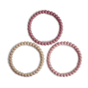 Mushie Pearl Teether Bracelets 3-Pack - Linen/Peony/Pale Pink