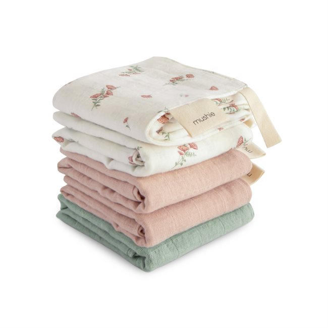 Mushie Muslin Cotton Washcloth 5-pack - Pink Flowers Combo